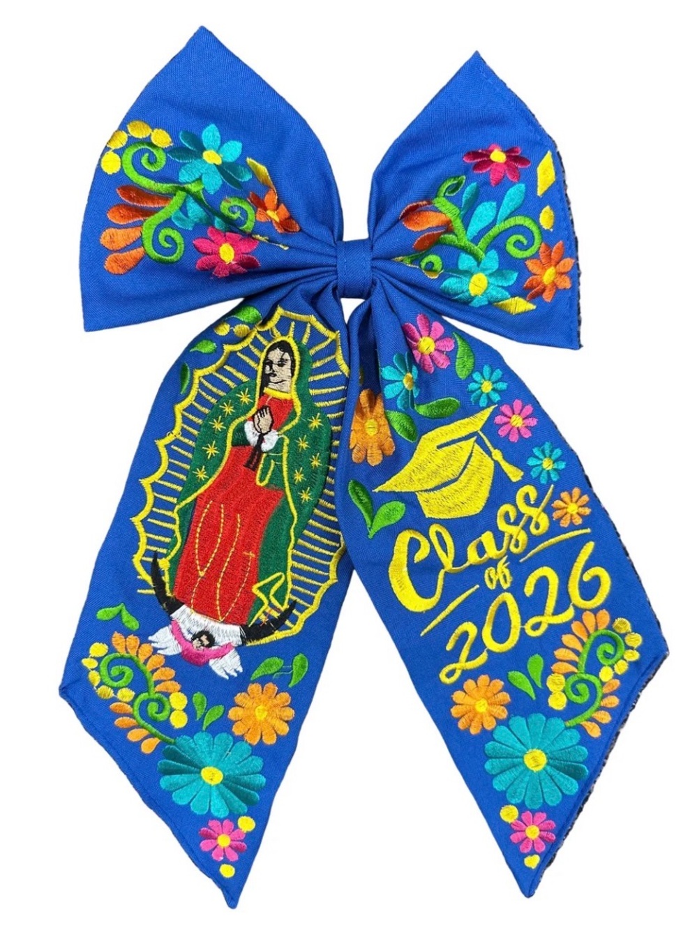 Virgen de Guadalupe Embroidered Blue Graduation Bow - "Class of 2026"